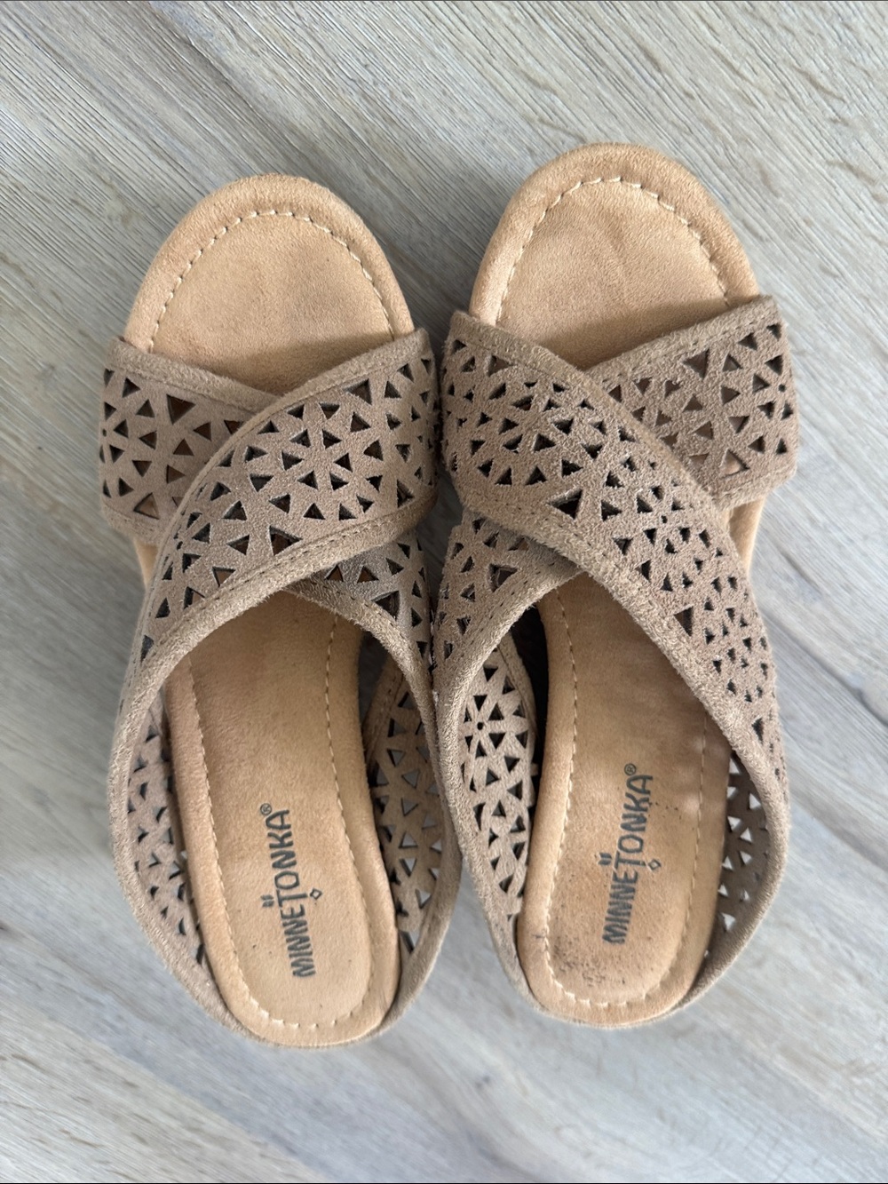 Minnetonka Taupe Suede Laser-Cut Crisscross Slide Sandals